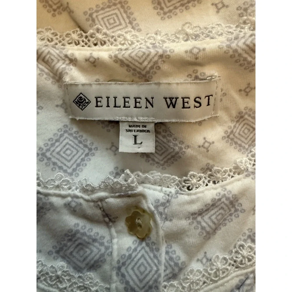 Eileen West Nightgown Womens L White Blue Diamond Lace Trim Ruffle Hem Cotton